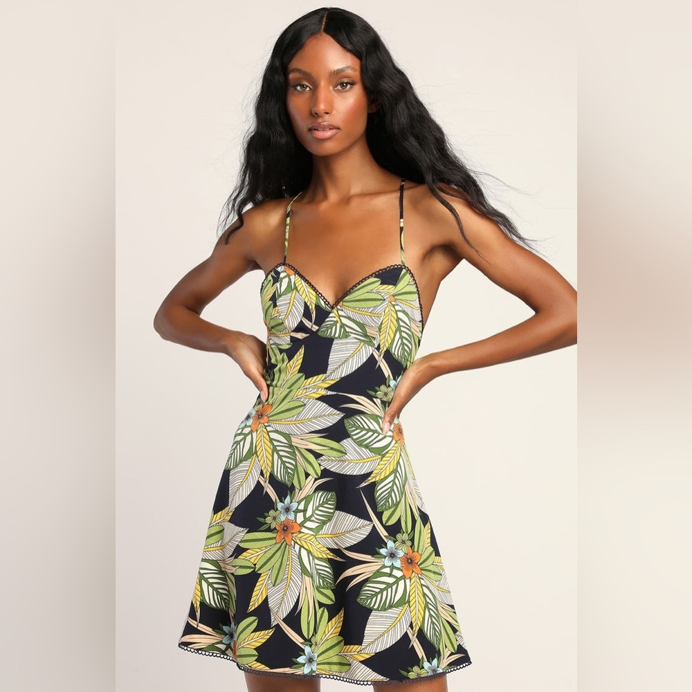 Lulus Tropical Affair Navy Blue Tropical Print Lace-Up Mini Dres